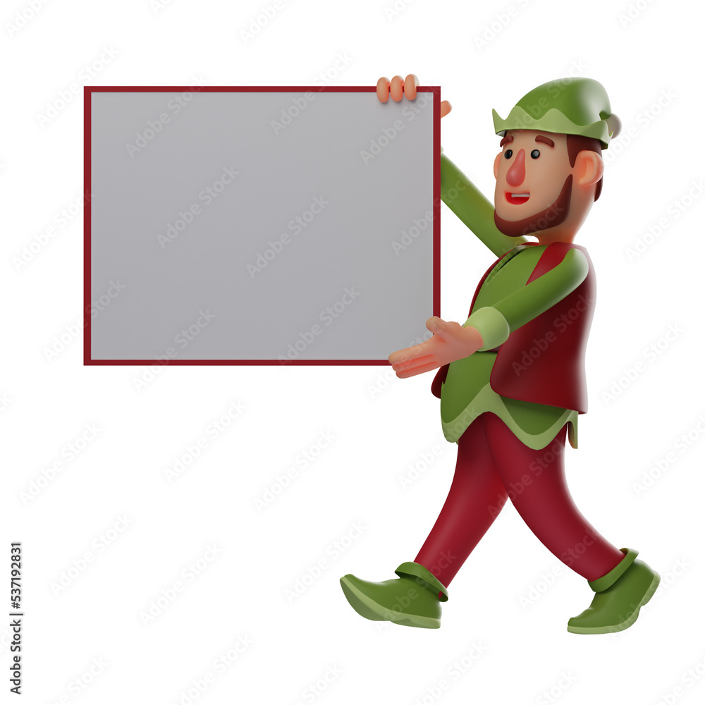   3D illustration. 3D Elf character cartoon holding a chalkboard. wall with a cute smile wearing a conical hat. 3D Cartoon Character