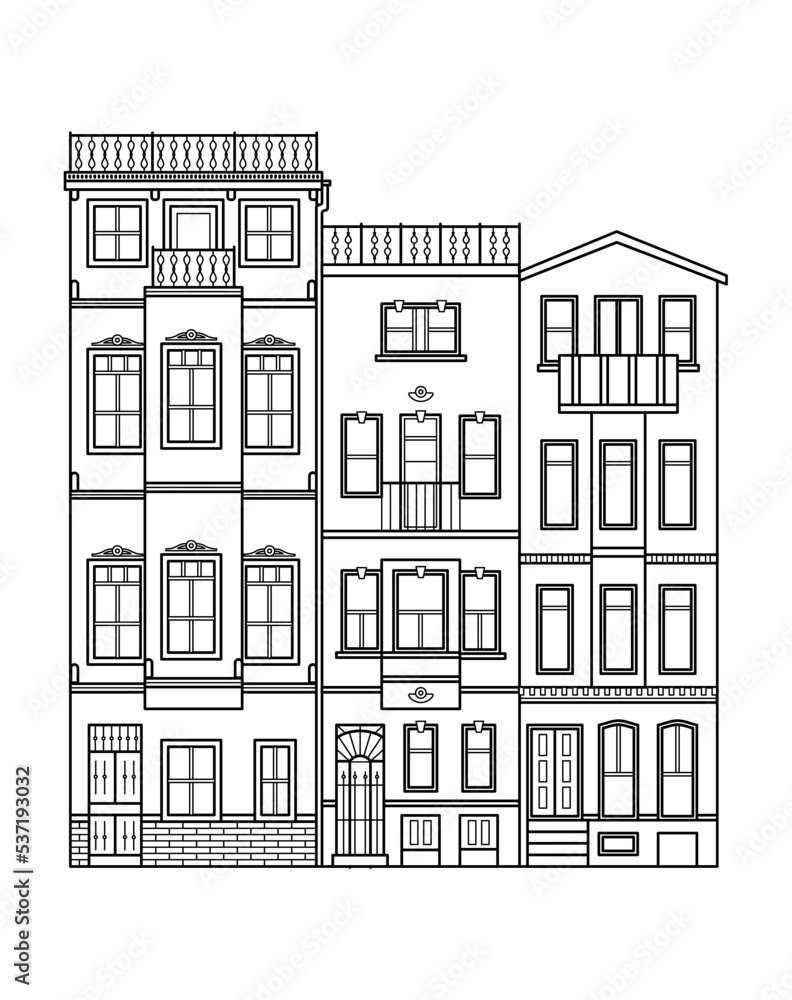 Street line vector illustration background. City street with houses and residential buildings. Business travel and tourism concept with modern buildings image