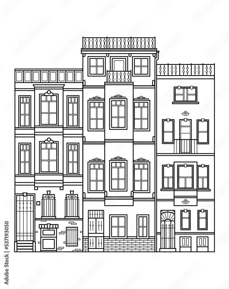 Fototapeta premium Street line vector illustration background. City street with houses and residential buildings. Business travel and tourism concept with modern buildings image