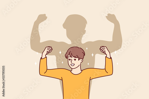 Smiling boy child show muscles dream of becoming big and strong. Happy kid imagine himself feeling strong and powerful. Vector illustration. 