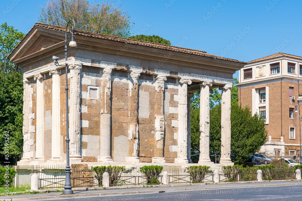 The ruins of the Temple of Portunus on Piazza della Bocca della Verita street in Rome, Italy