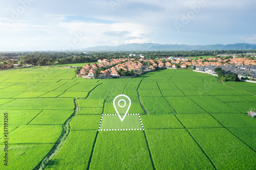 Land plot in aerial view. Gps registration survey of property, real estate for map with location, area. Concept for residential construction and development. Also home, house for sale, buy, purchase.