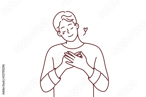 Happy young man hold hands on chest feeling grateful and thankful. Smiling guy show appreciation and gratitude. Vector illustration. 