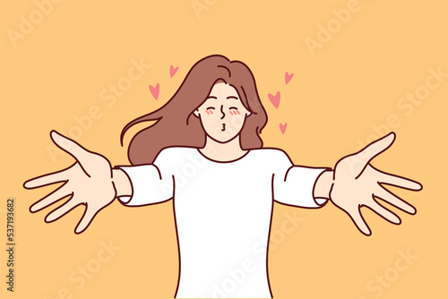 Happy young woman stretch arms waiting for love and kisses. Smiling girl share affection and feelings. Vector illustration. 