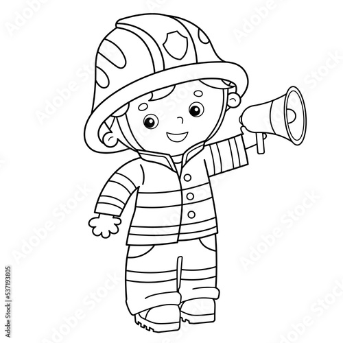 Coloring Page Outline Of cartoon fireman or firefighter with a megaphone or horn. Profession. Coloring Book for kids.