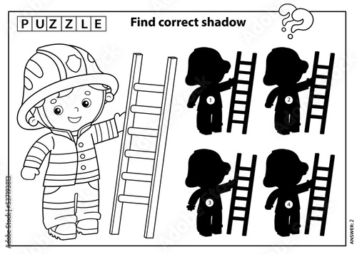 Puzzle Game for kids. Find correct shadow. Coloring Page Outline Of cartoon fireman or firefighter with a fire extinguishing ladder. Profession. Coloring book for children.