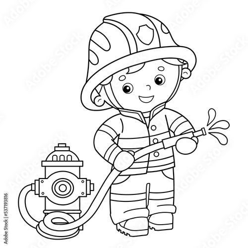 Coloring Page Outline Of cartoon fireman or firefighter with a fire hydrant. Profession. Coloring Book for kids.