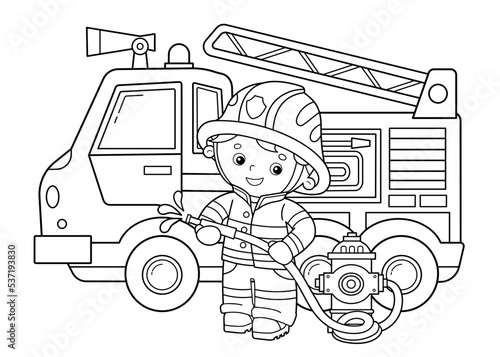 Coloring Page Outline Of cartoon fire truck with fireman or firefighter. Fire fighting. Professional transport. Coloring Book for kids.