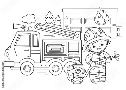 Coloring Page Outline Of cartoon fire truck with fireman or firefighter. Fire fighting. Professional transport. Coloring Book for kids.