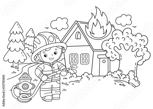 Coloring Page Outline Of cartoon fireman or firefighter with fire hydrant. Fire fighting. Coloring Book for kids.