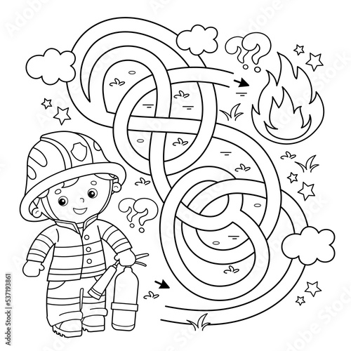 Maze or Labyrinth Game. Puzzle. Tangled road. Coloring Page Outline Of cartoon fireman or firefighter with a extinguisher. Fire fighting. Coloring book for kids.