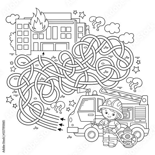 Maze or Labyrinth Game. Puzzle. Tangled road. Coloring Page Outline Of cartoon fireman or firefighter with fire truck. Fire fighting. Coloring book for kids.