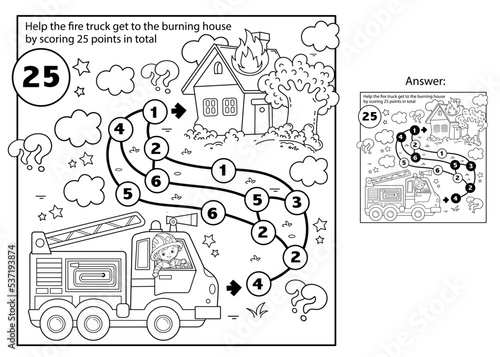 Math addition game. Puzzle for kids. Maze. Coloring Page Outline Of cartoon fire truck. Fire fighting.  Coloring Book for children.
