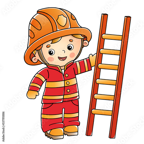 Cartoon fireman or firefighter with a fire extinguishing ladder. Profession. Colorful vector illustration for kids.