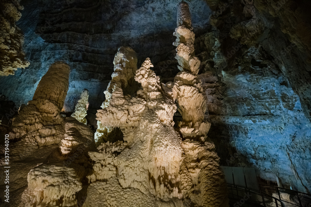Fairy views from The Frasassi Caves (Italian: Grotte di Frasassi) - the most famous show caves in Italy. The karst cave system is located in the municipality of Genga, Ancona, Marche, Italy. Fairy views from The Frasassi Caves (Italian: Grotte di Frasassi) - the most famous show caves in Italy. The karst cave system is located in the municipality of Genga, Ancona, Marche, Italy.