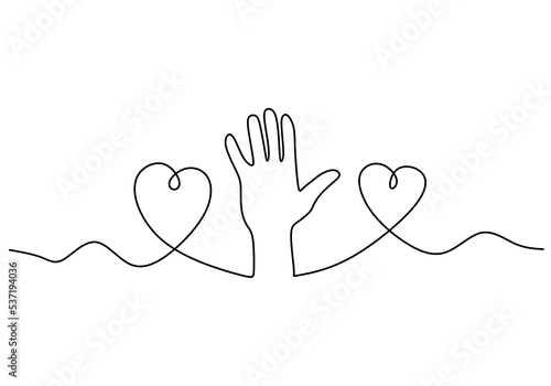 One continuous single line of charity day with hand and loves isolated on white background.