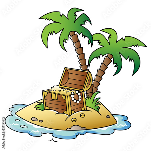 Island of treasure. Cartoon jewel chest. Adventure. Vector image for pirate party for children.