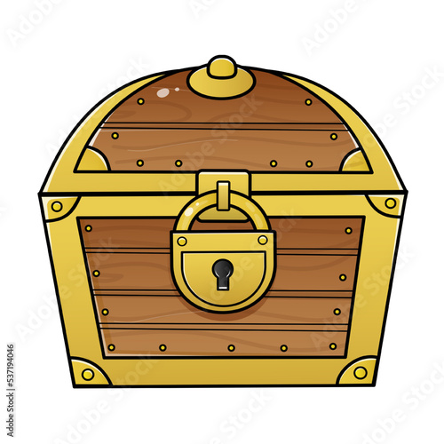 Color image of cartoon treasure chest on a white background. Closed coffer with lock . Decorative element for pirate party for kids. Vector illustration.