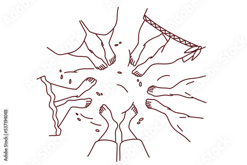 Diverse people legs on sand beach. Multiracial friends feet on seashore in summer. Vacation and travel. Vector illustration. 