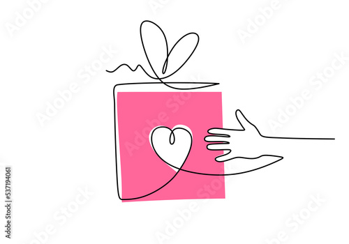 One continuous single line of charity day with love gift and hand isolated on white background.