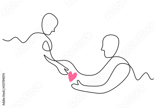 One continuous single line of charity day with man give love isolated on white background.