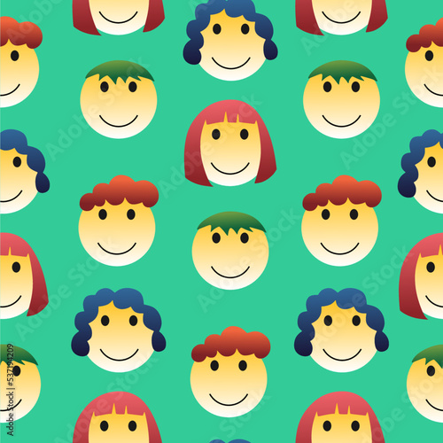 Surreal smile face seamless pattern isolated on green background.
