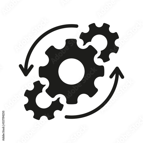Workflow Cog Wheel Symbol Pictogram. Circle Gear Work Progress Silhouette Icon. Gear and Round Arrow Business Technology Process Black Icon. Isolated Vector Illustration
