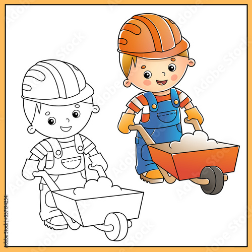 Coloring Page Outline of cartoon builder or worker with hand cart. Profession. Coloring book for kids.