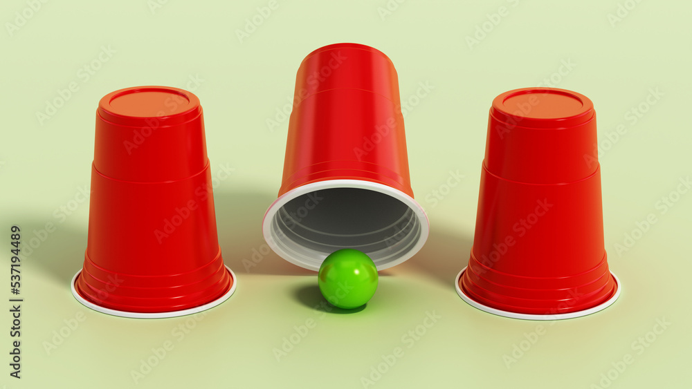 Cup and ball guessing game. 3D illustration Cup and ball guessing game. 3D illustration