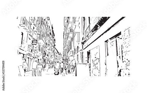 Building view with landmark of Pamplona is the 
city in Spain. Hand drawn sketch illustration in vector.