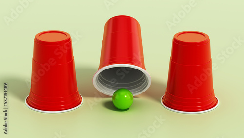 Billede på lærred Cup and ball guessing game. 3D illustration