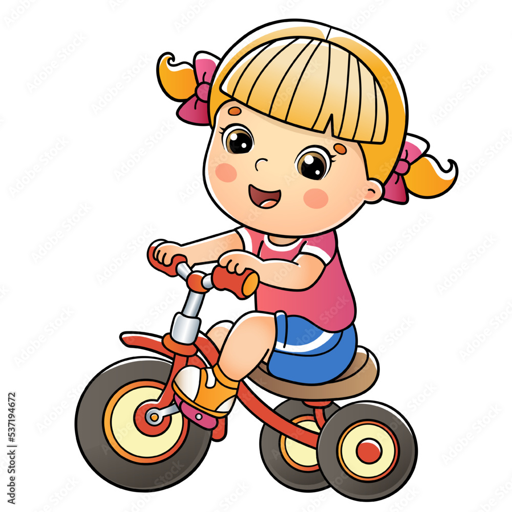 Cartoon little girl riding a bicycle or bike. Colorful vector