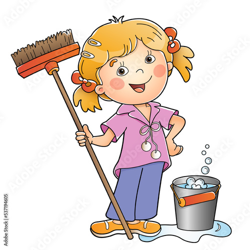 Cartoon girl with mop and bucket. Housework and cleaning, Colorful vector illustration for kids.