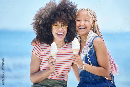 Ice cream, summer beach and women friends eating in Miami for holiday travel, vacation and outdoor youth lifestyle with sunshine. Happy, diversity and fashion teenager with icecream dessert in summer