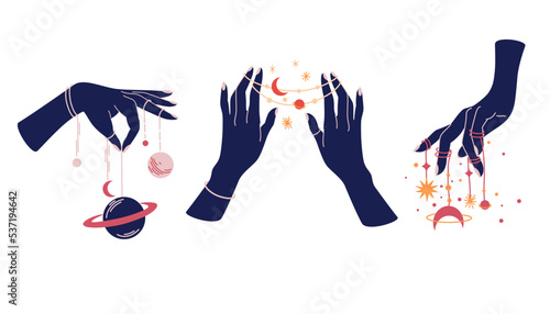 Hands with celestial mystical symbols set of magic. Spiritual boho logo, design elements with moon, plant, sun. Black silhouette of woman arms isolated on white. Vector illustration