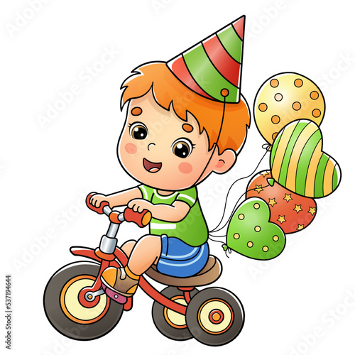 Cartoon boy riding a Bicycle or bike with a balloons. Birthday. Colorful vector illustration for kids.