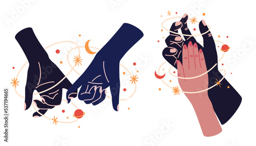 Hands with celestial mystical symbols set of magic. Spiritual boho logo, design elements with moon, plant, sun. Black silhouette of woman arms isolated on white. Vector illustration