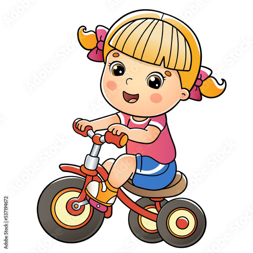 Cartoon little girl riding a bicycle or bike. Colorful vector illustration for kids.