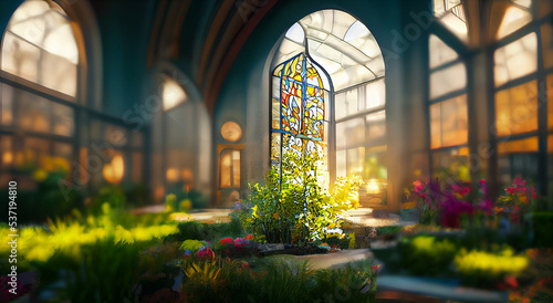 garden in a majestic architectural building with large stained glass high contrast wallpaper background illustration. 3d colorful wallpaper background garden.