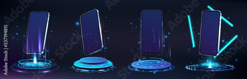 Futuristic holograms and podiums with 3D mobile phones. Mockups smartphone in lab with blank screen. 3D realistic mobile phones levitation in hologram. Futuristic portal and phones, Hi-tech. Vector	
