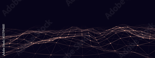 Dynamic orange wave with connected dots and lines on a blue background. Digital wave background concept. Abstract technology background. Big data visualization. Vector illustration.