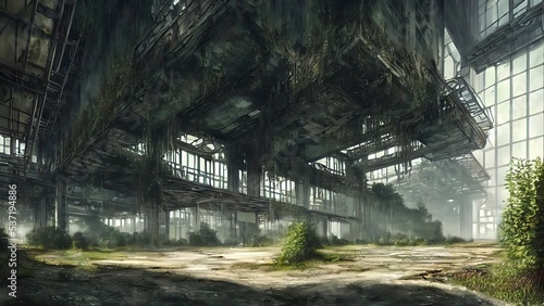 Abandoned plant overgrown with vegetation. concept art  interior.