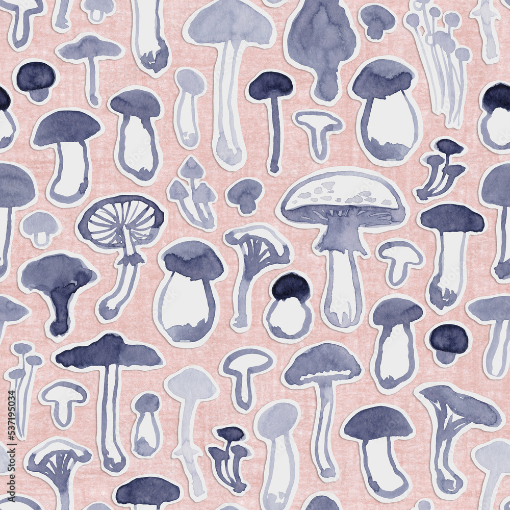 Mushrooms. Hand painted seamless pattern. Raster image. Mushrooms. Hand painted seamless pattern. Raster image.