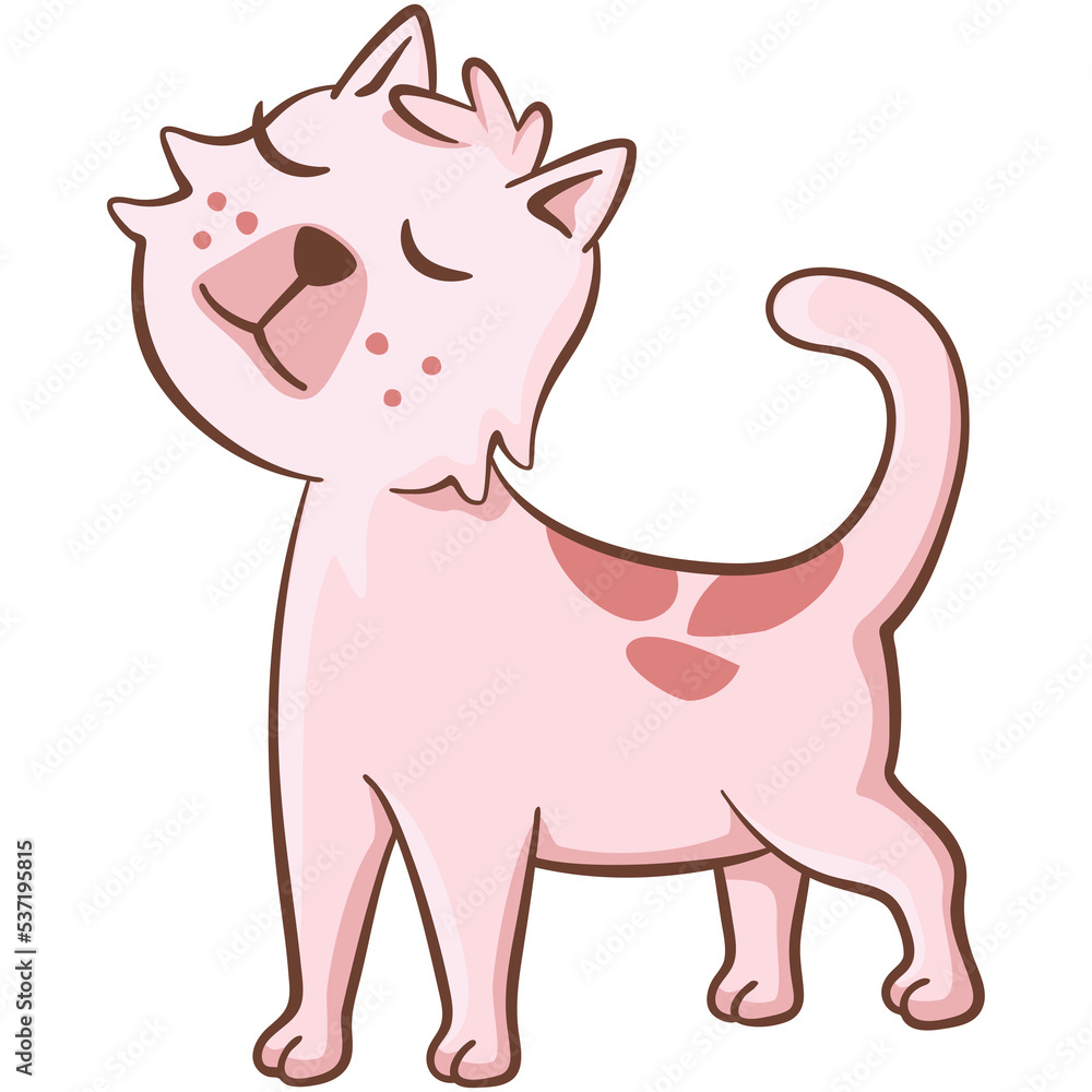 Fototapeta premium Pink cat with closed eyes. Cute illustration of a little cat. Vector illustration on white background.