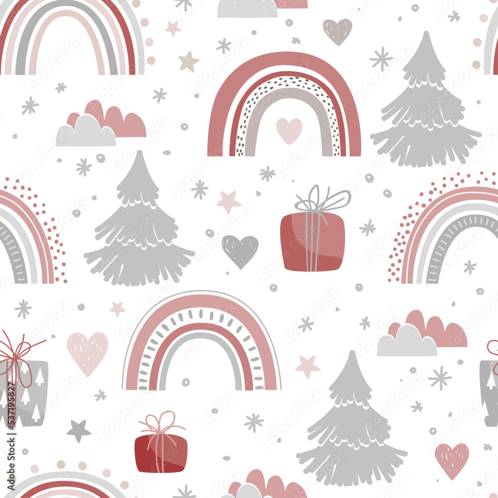 Cute Christmas seamless pattern with trees, gift boxes, and rainbows on white background. Design for textile prints, kids design, decor, Xmas wrapping Cute Christmas seamless pattern with trees, gift boxes, and rainbows on white background. Design for textile prints, kids design, decor, Xmas wrapping