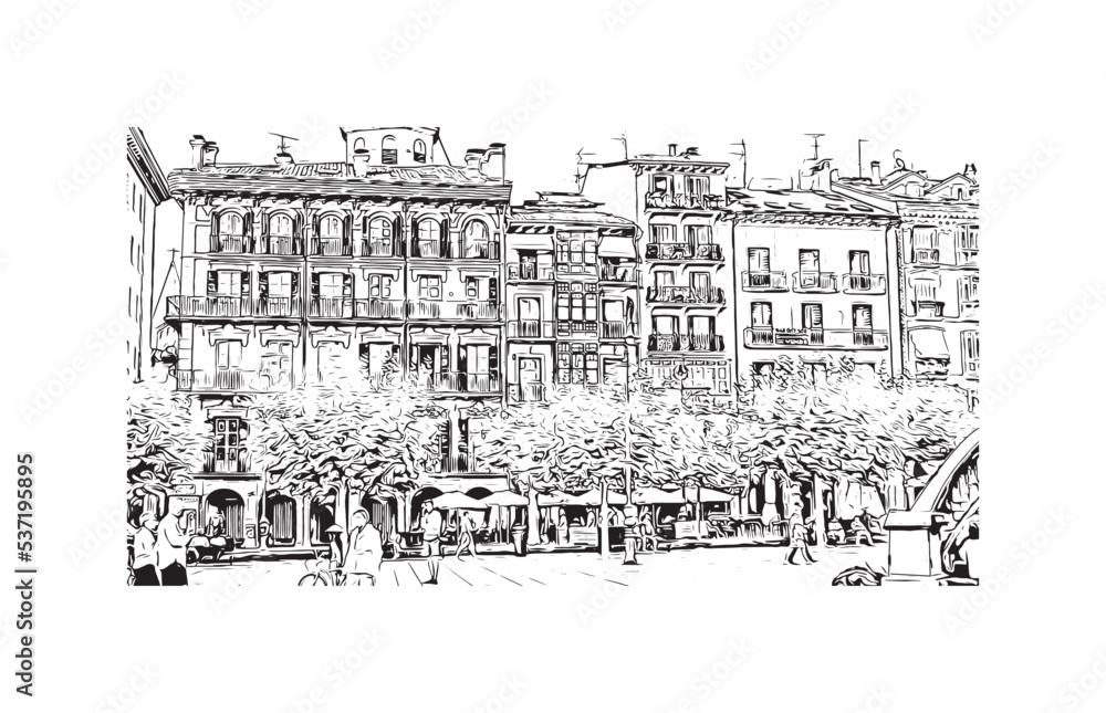 Obraz premium Building view with landmark of Pamplona is the city in Spain. Hand drawn sketch illustration in vector.