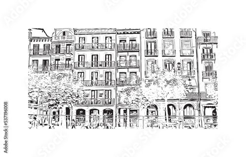 Building view with landmark of Pamplona is the 
city in Spain. Hand drawn sketch illustration in vector.