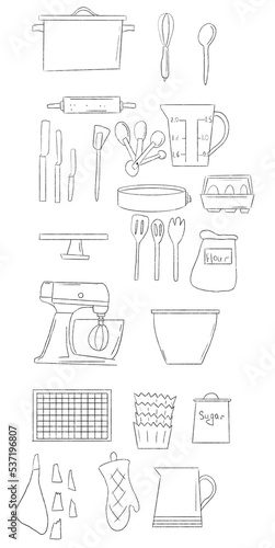 Cooking line set illustration. Boiling time, Frying pan and Kitchen utensils. Fork, spoon and knife line icons. Cooking book, frying time, hot pan. Baking time
