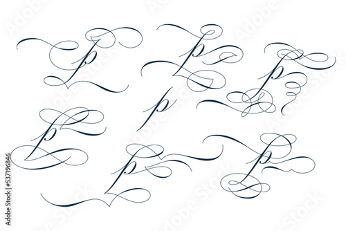 Set of beautiful calligraphic flourishes on letter p isolated on white background for decorating text and calligraphy on postcards or greetings cards. Vector illustration.