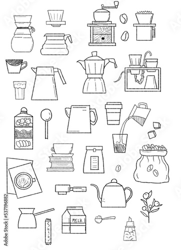Coffee brewing. Set of outline elements coffee: cups, grinder, turk, cookies, kettle, coffee filter, etc. Black and white line art silhouettes for coloring on white background